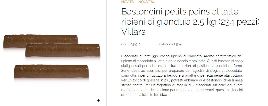 BASTONCINI DI CIOCCOLATO AL LATTE RIPIENI DI GIANDUIA Kg.2 VALRHONA